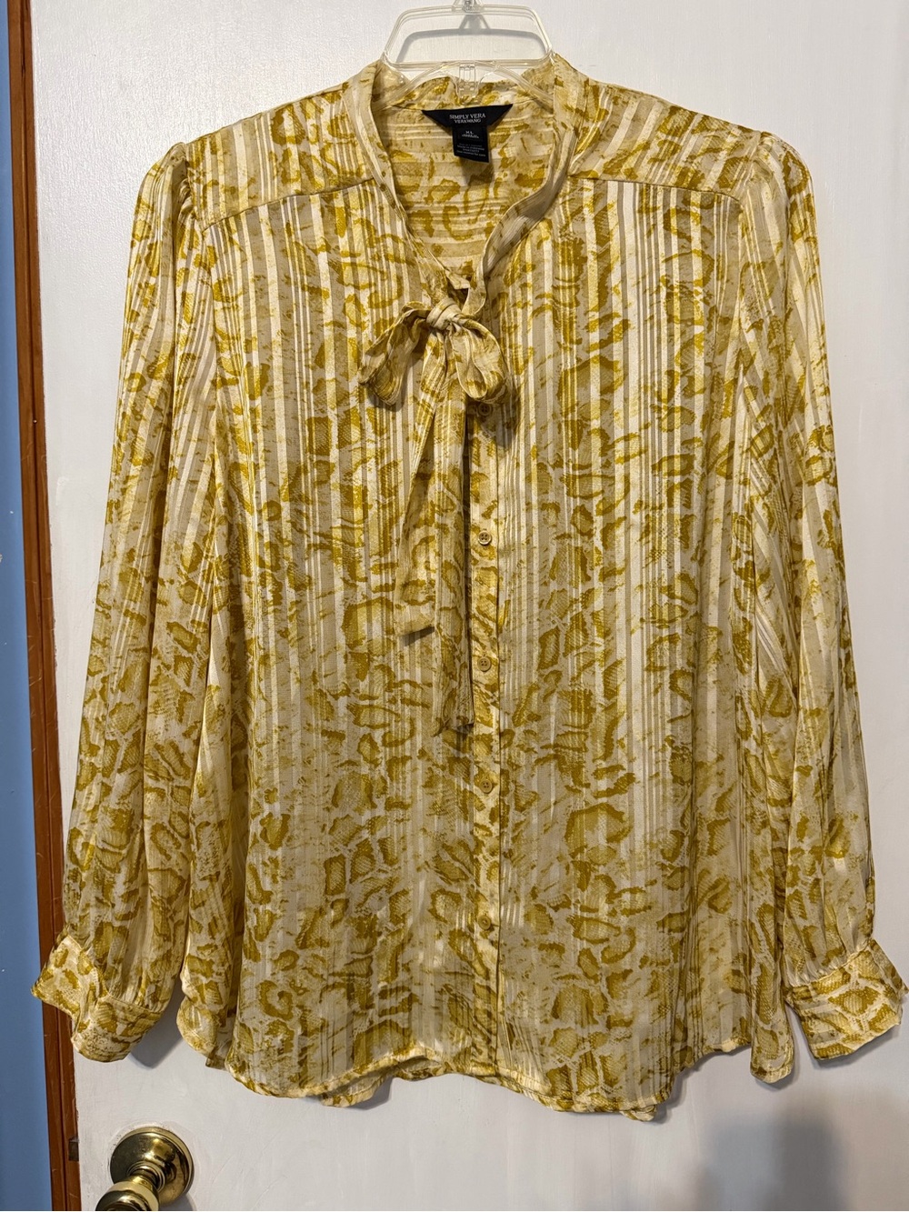 Vera Wang Women's Yellow/Gold Print Tie Neck Blouse W/ Cami, Size XL